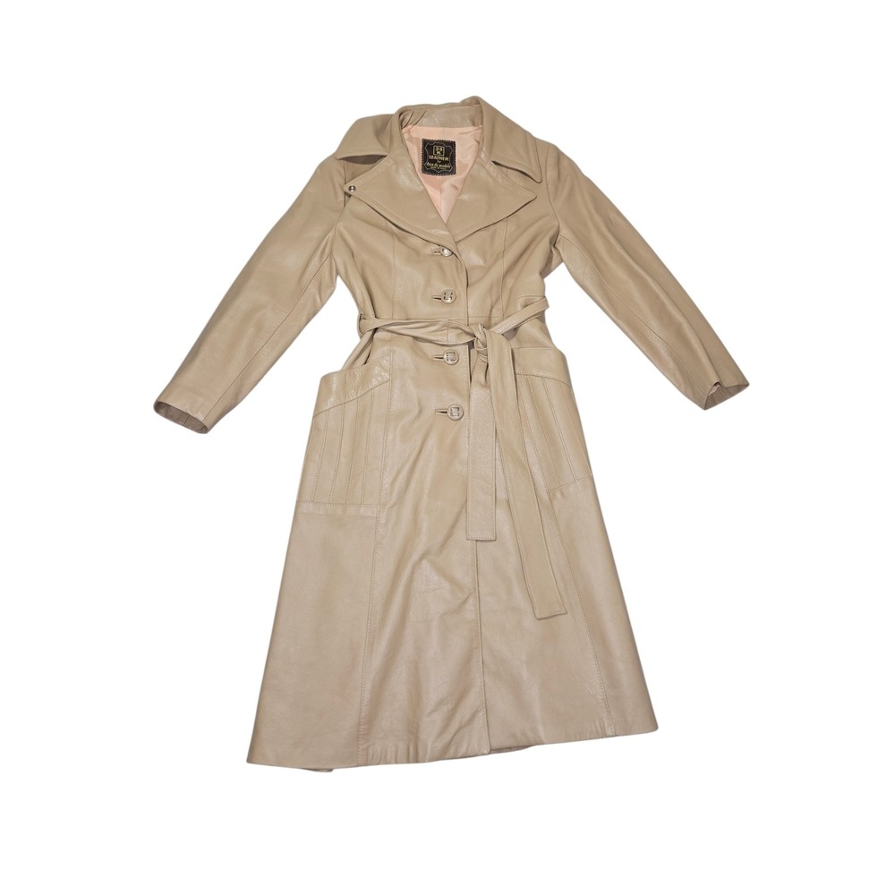 VTG 70s Dan Di Modes 24K Leather Trench Coat Tan Belted Jacket Sz S